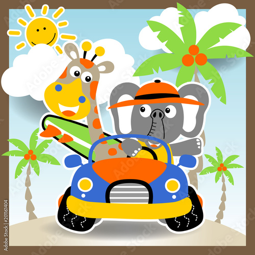 vacation with giraffe and elephant   vector cartoon illustration