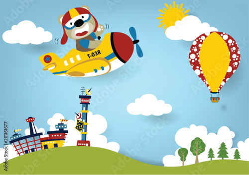 Plakat Wakacje z samolotu i powietrze balon, wektorowa kreskówki ilustracja