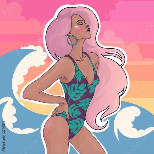 vector beautiful slender girl in a bright bathing suit on the beach, against a background of a pink sunset and sea waves