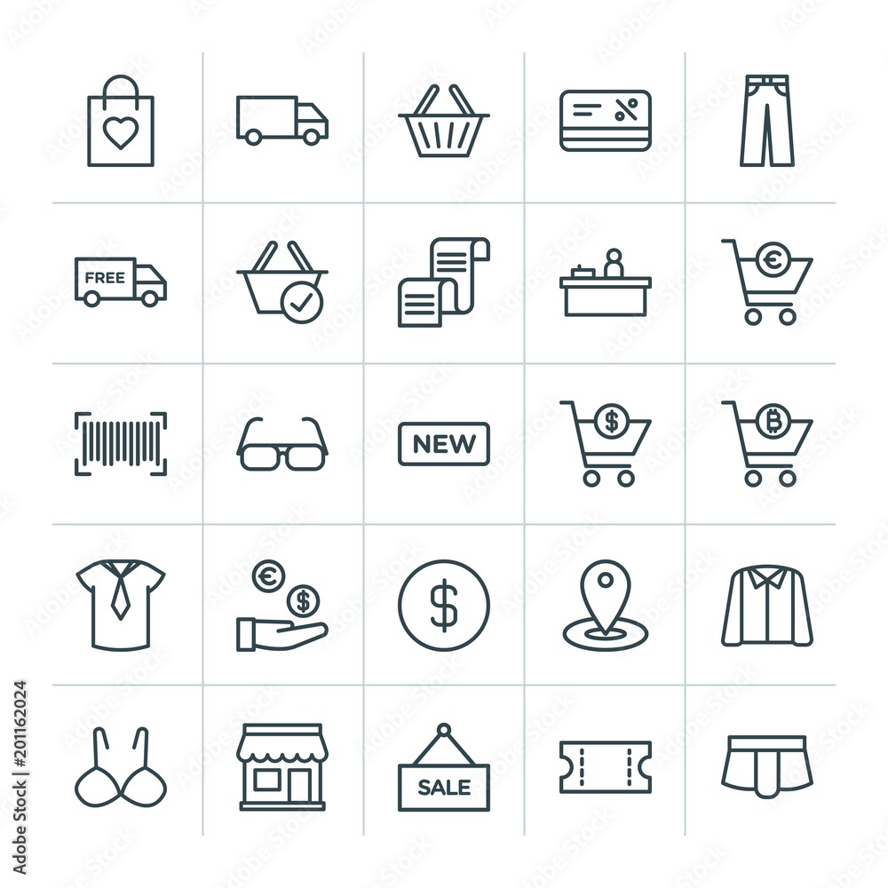 Modern Simple Set of clothes, shopping Vector outline Icons. ..Contains such Icons as bra, handle, sale, delivery, underwear, voucher and more on white background. Fully Editable. Pixel Perfect Modern Simple Set of clothes, shopping Vector outline Icons. ..Contains such Icons as bra, handle, sale, delivery, underwear, voucher and more on white background. Fully Editable. Pixel Perfect