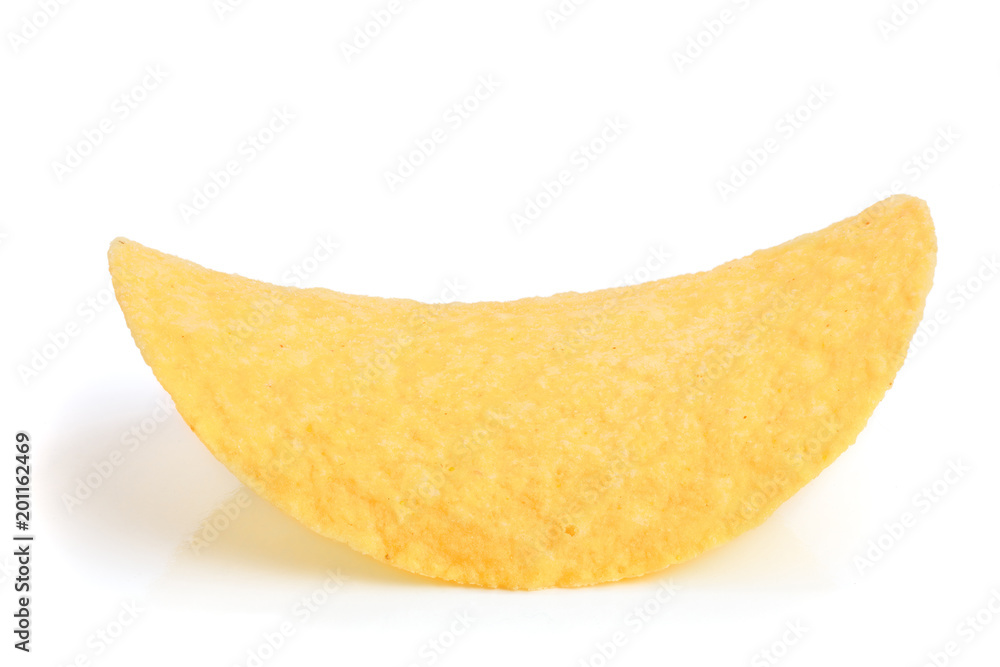Single potato chip on white background close-up Single potato chip on white background close-up