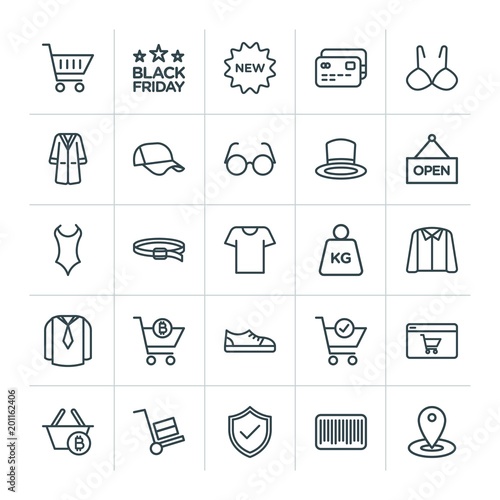 Modern Simple Set of clothes, shopping Vector outline Icons. ..Contains such Icons as  payment,  belt,  bitcoin,  location, mail,  symbol and more on white background. Fully Editable. Pixel Perfect
