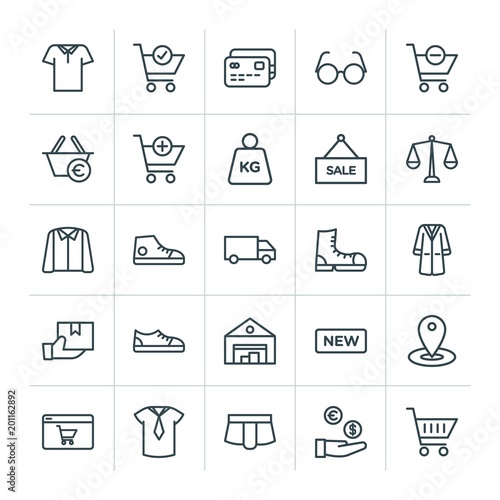 Modern Simple Set of clothes, shopping Vector outline Icons. ..Contains such Icons as debit,  template,  store,  fashion, line, remove,  buy and more on white background. Fully Editable. Pixel Perfect