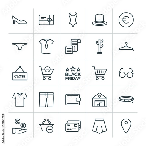 Modern Simple Set of clothes, shopping Vector outline Icons. ..Contains such Icons as gift,  store,  payment,  dollar,  card,  dress,  white and more on white background. Fully Editable. Pixel Perfect