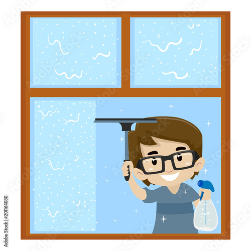 Vector Illustration of Boy cleaning the Window