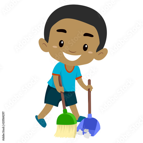 Vector Illustration of a Black Boy Kid sweeping the Floor