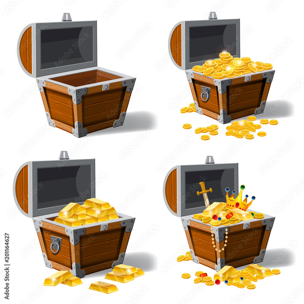 Set old pirate chests full of treasures, gold coins, ingots, jewelry, crown, dagger, vector, cartoon style, illustration, isolated. For games, advertising applications Set old pirate chests full of treasures, gold coins, ingots, jewelry, crown, dagger, vector, cartoon style, illustration, isolated. For games, advertising applications