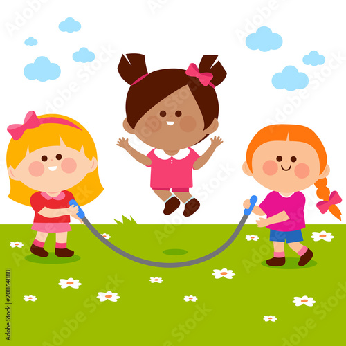 Happy children skipping rope and playing outdoors. Vector illustration