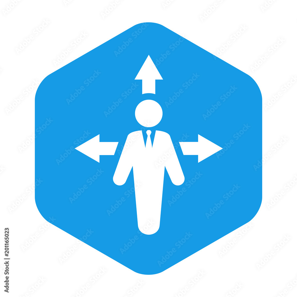 Icono plano hombre de negocios con tres flechas en hexagono azul Icono plano hombre de negocios con tres flechas en hexagono azul