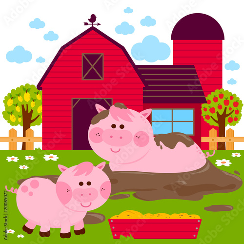 Pigs at the farm playing in a mud puddle. Vector illustration