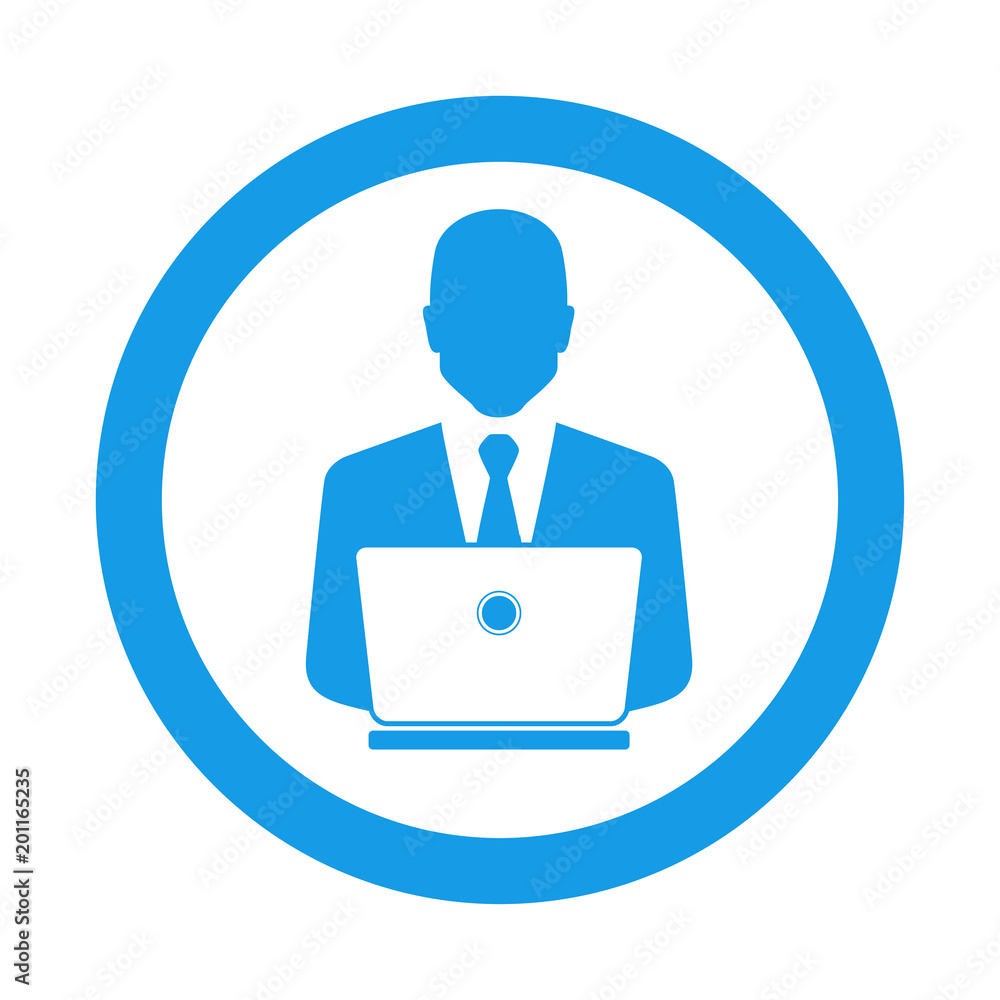 Icono plano hombre trabajando en ordenador en circulo color azul Icono plano hombre trabajando en ordenador en circulo color azul