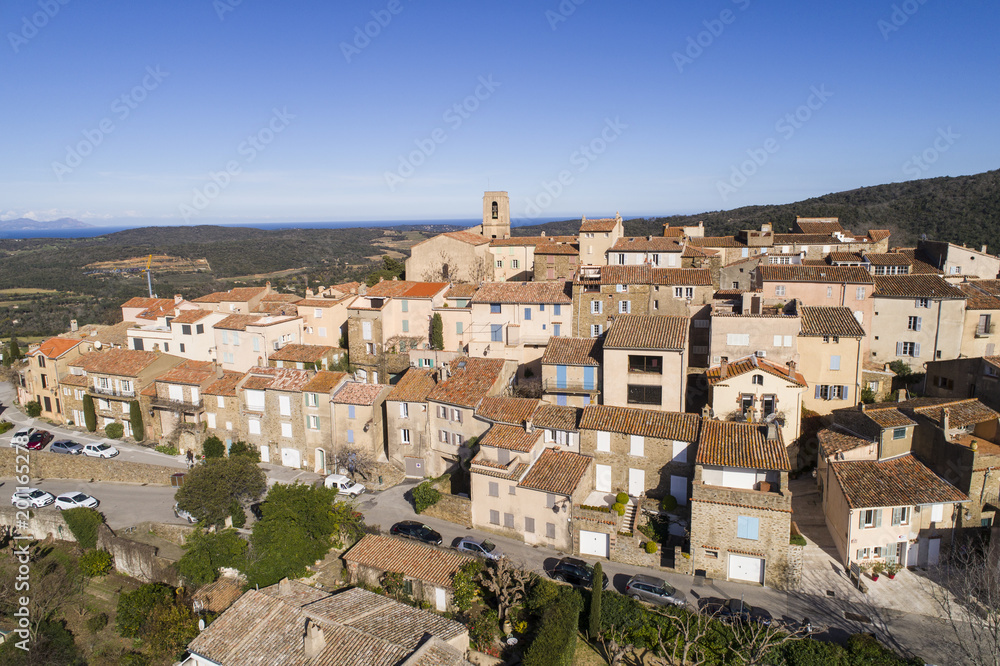 France, Provence-Alpes-Cote d'Azur, Var department, Aerial view of Gassin village, labelled Les Plus Beaux Villages de France (The Most Beautiful Villages of France),