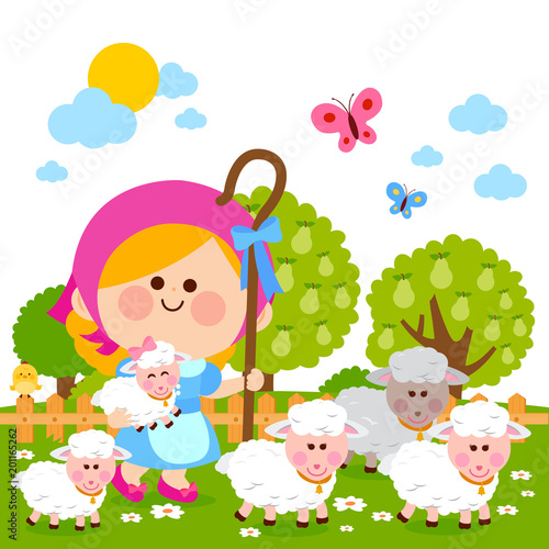 Little shepherdess girl at the farm with her sheep. Vector illustration