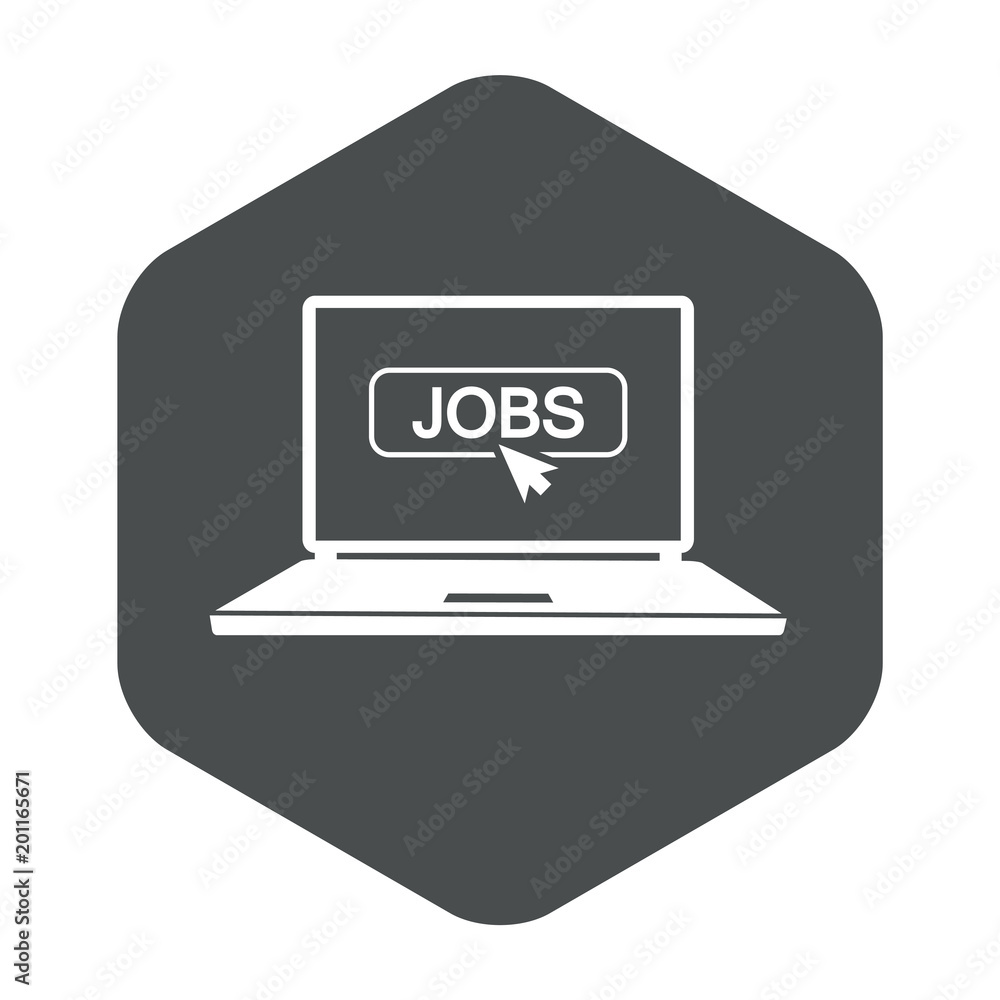 Icono plano puntero en JOBS en portatil en hexagono gris Icono plano puntero en JOBS en portatil en hexagono gris