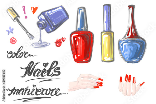 A set of nail polish for manicure. Hand drawn elements with hands red nails open bottle and words Nails Color Manicure vector illustration