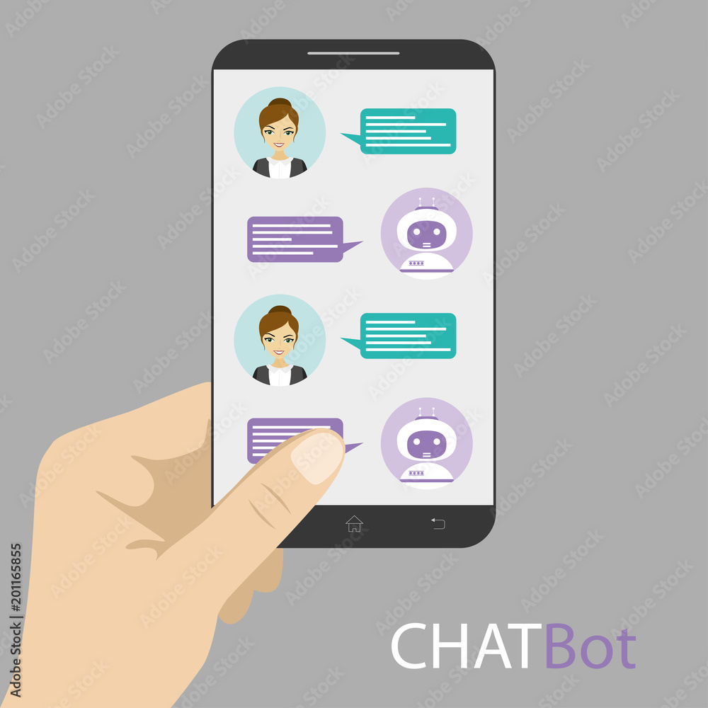 female and chatbot on smart phone screen