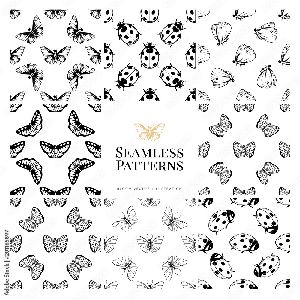 Fototapeta premium Monochrome set vector seamless plant patterns. Endless backgrounds decorative elements. Modern floral texture.