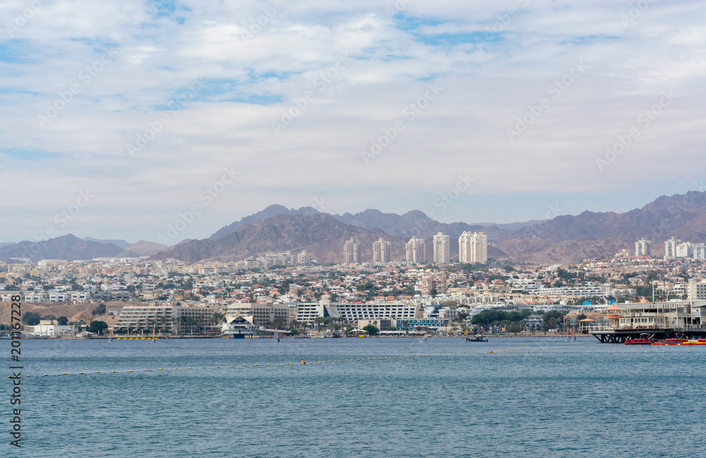 City view, panoramic view of Eilat, touristic and vacation luxury oasis in Negev desert on south of Israel at Red sea