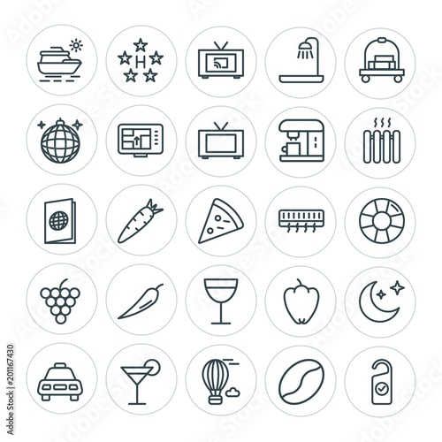 Modern Simple Set of food, hotel, drinks, travel Vector outline Icons. ..Contains such Icons as clean, sweet, night, background, balloon and more on white background. Fully Editable. Pixel Perfect