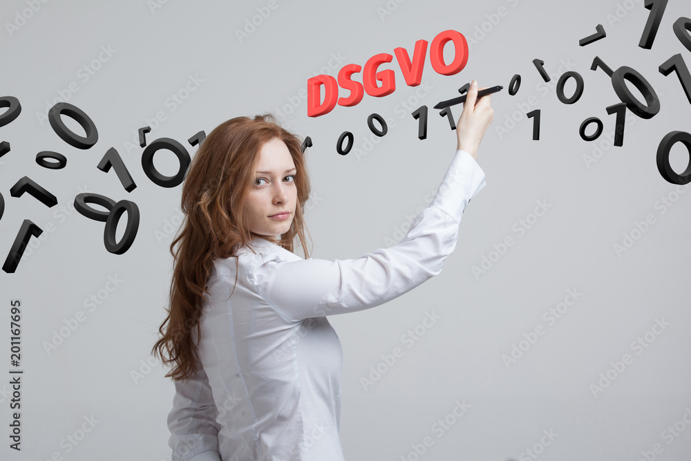 DSGVO, german version of GDPR, concept image. General Data Protection Regulation, protection of personal data. Young woman working with information. Datenschutz-Grundverordnung. DSGVO, german version of GDPR, concept image. General Data Protection Regulation, protection of personal data. Young woman working with information. Datenschutz-Grundverordnung.