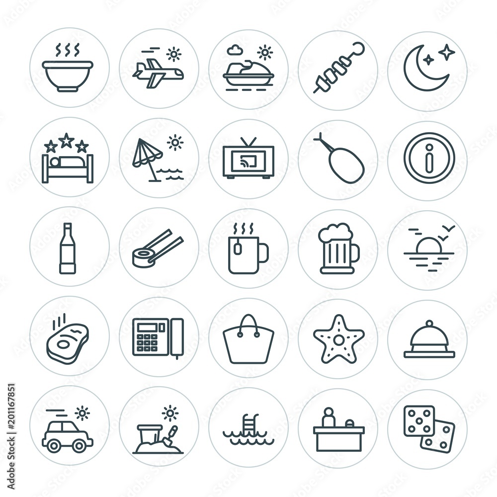 Modern Simple Set of food, hotel, drinks, travel Vector outline Icons. ..Contains such Icons as  swimming,  restaurant,  cuisine,  interior and more on white background. Fully Editable. Pixel Perfect
