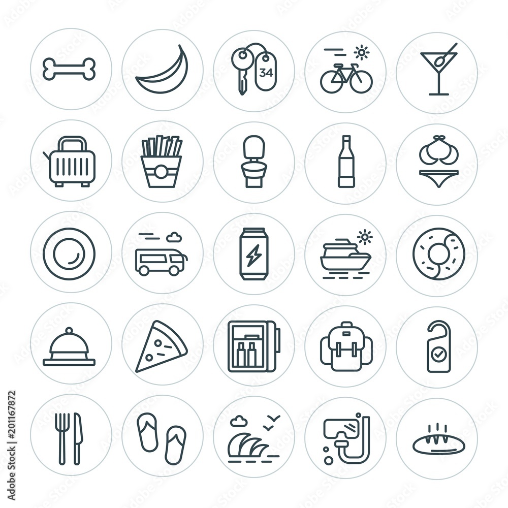 Modern Simple Set of food, hotel, drinks, travel Vector outline Icons. ..Contains such Icons as  wave,  snorkel, hotel, sea,  road,  ocean and more on white background. Fully Editable. Pixel Perfect
