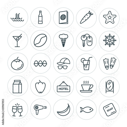 Modern Simple Set of food, hotel, drinks, travel Vector outline Icons. ..Contains such Icons as banana, water, drink, summer, soap, cup and more on white background. Fully Editable. Pixel Perfect
