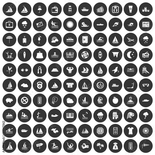 100 water sport icons set in simple style white on black circle color isolated on white background vector illustration