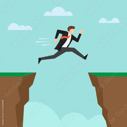 Businessman jump through the gap between cliffs