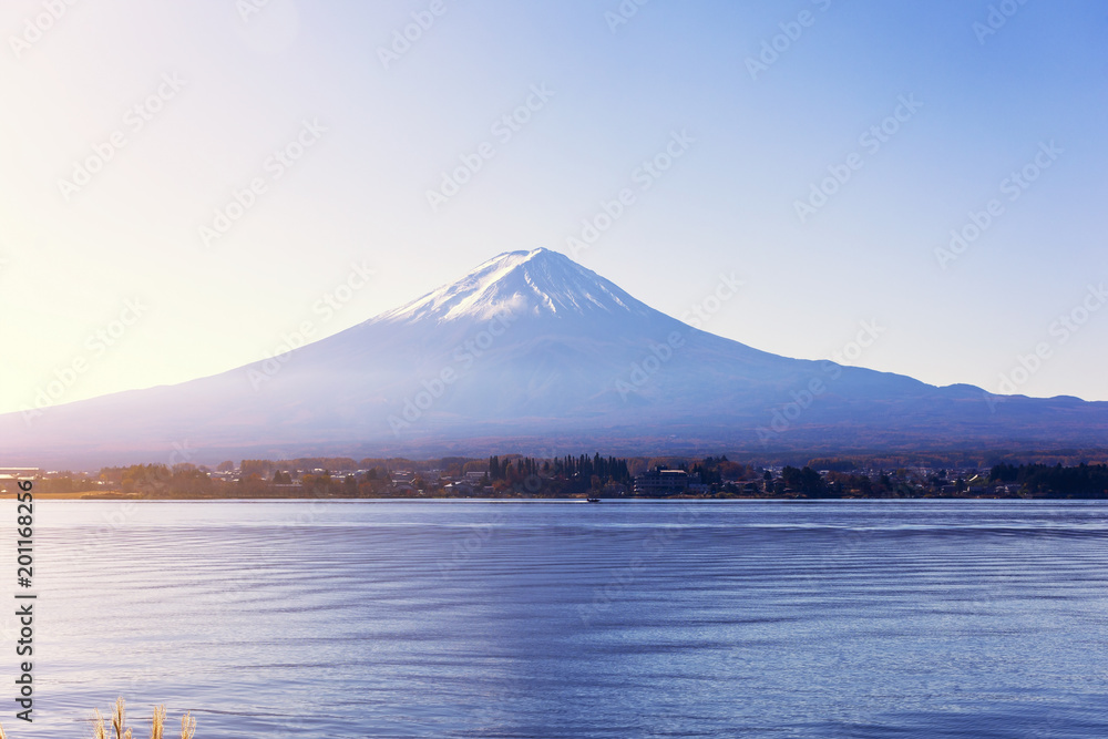 Mount fuji san at Lake kawaguchiko in japan on sunrise.