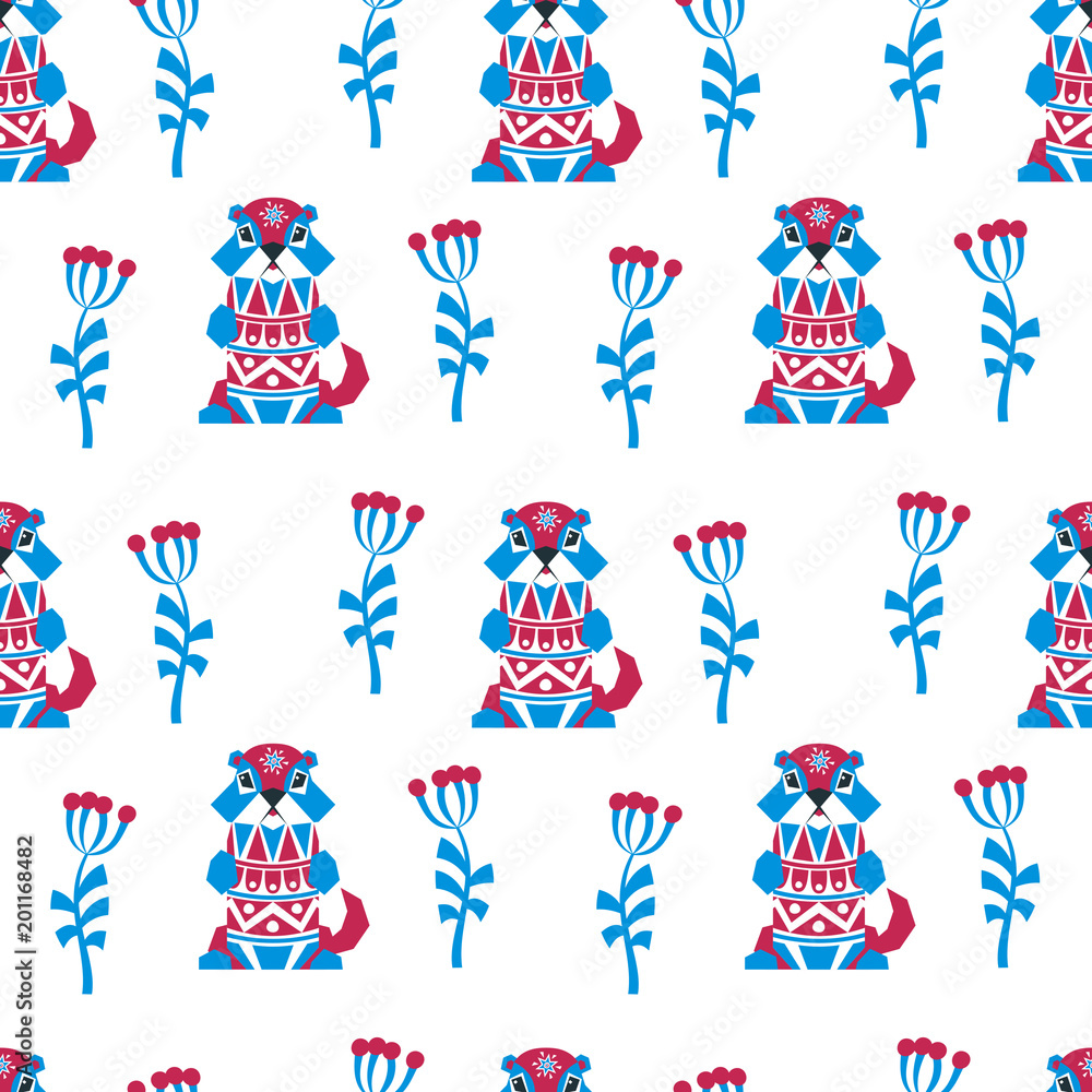 Fototapeta premium Decorative seamless pattern in ethnic style with gopher. Colorful vector background.