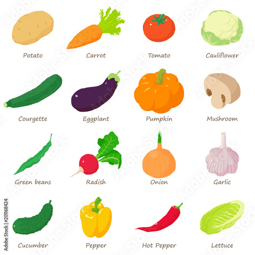 Vegetables signed names icons set. Isometric illustration of 16 vegetables signed names vector icons for web