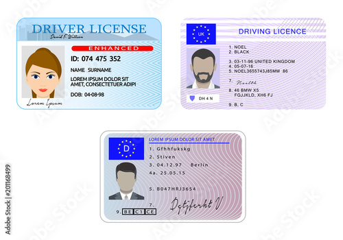 Car driver license with photo vehicle identity banner horizontal concept set. Flat illustration of 3 car driver license with photo vehicle identity vector banner horizontal concepts for web