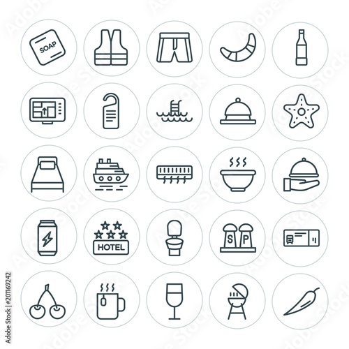 Modern Simple Set of food, hotel, drinks, travel Vector outline Icons. ..Contains such Icons as spice, bbq, breakfast, water, life, mug and more on white background. Fully Editable. Pixel Perfect