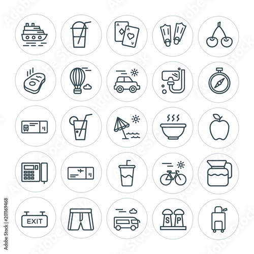 Modern Simple Set of food, hotel, drinks, travel Vector outline Icons. ..Contains such Icons as game, transportation, poker, cycle, exit and more on white background. Fully Editable. Pixel Perfect