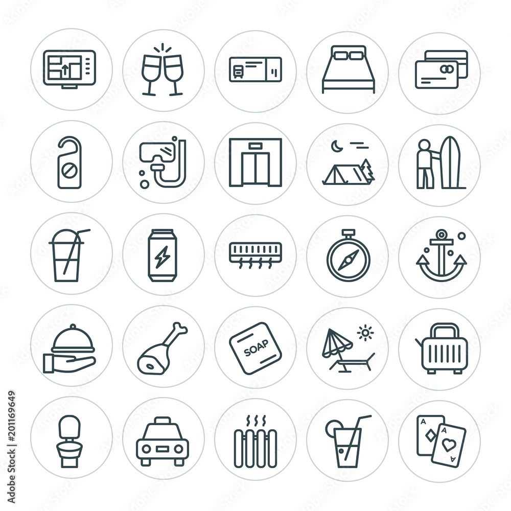 Modern Simple Set of food, hotel, drinks, travel Vector outline Icons. ..Contains such Icons as breakfast, hygiene, room, railway, poker and more on white background. Fully Editable. Pixel Perfect Modern Simple Set of food, hotel, drinks, travel Vector outline Icons. ..Contains such Icons as breakfast, hygiene, room, railway, poker and more on white background. Fully Editable. Pixel Perfect