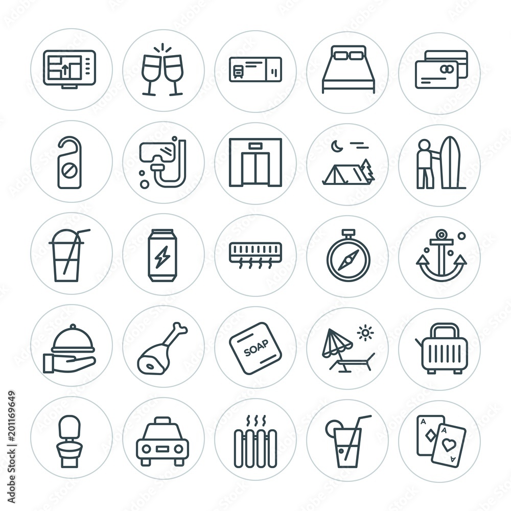 Modern Simple Set of food, hotel, drinks, travel Vector outline Icons. ..Contains such Icons as  breakfast,  hygiene, room,  railway, poker and more on white background. Fully Editable. Pixel Perfect