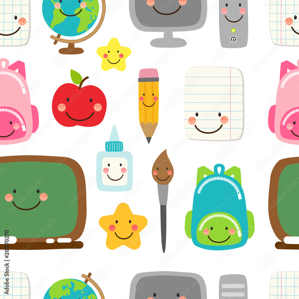 Cute childish seamless pattern Back to School supplies as smiling cartoon  characters Stock Illustration | Adobe Stock