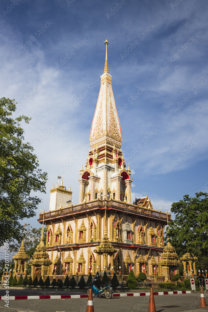 The details of Pagoda of Wat Chalong (or formally Wat Chaiyathararam) - the most important of the 29 buddhist temples of Phuket, located in the Chalong Subdistrict, Mueang Phuket District, Thailand