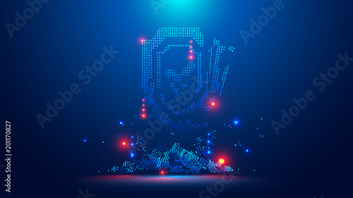 Icon of the digital shield broken. Symbol digital cyber security crack hacking. Web crime or virus attack. Symbol of protection damaged. Hacking concept.