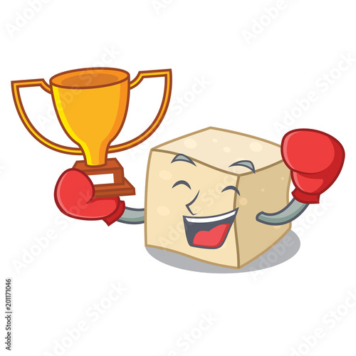 Boxing winner tofu mascot cartoon style
