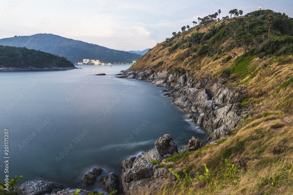 Evening view with long exposure of Phromthep Cape landscape in Phuket, Thailand