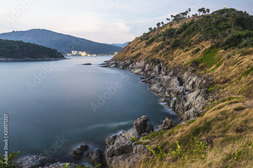 Evening view with long exposure of Phromthep Cape landscape in Phuket, Thailand