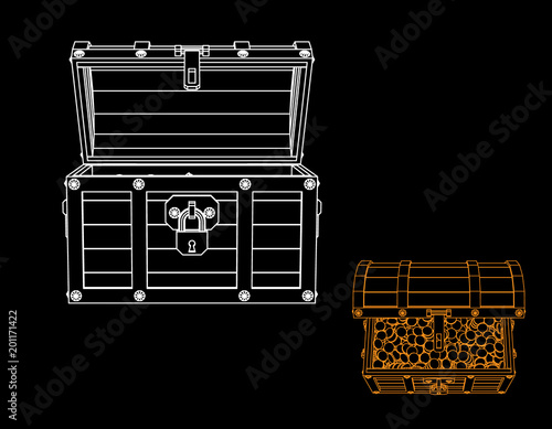 Wooden chest with coins. Ve...