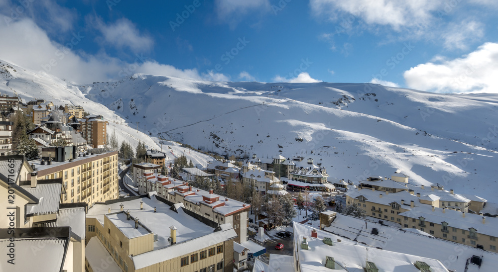 View of the ski resort in Sierra Nevada mountains in Spain