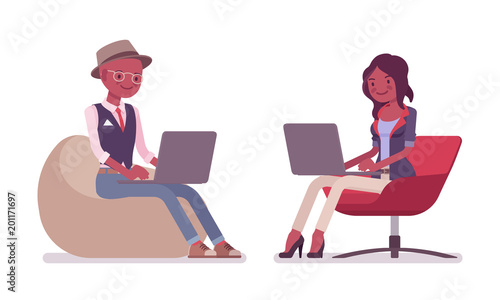 Black intelligent smart casual man, attractive woman working with laptop