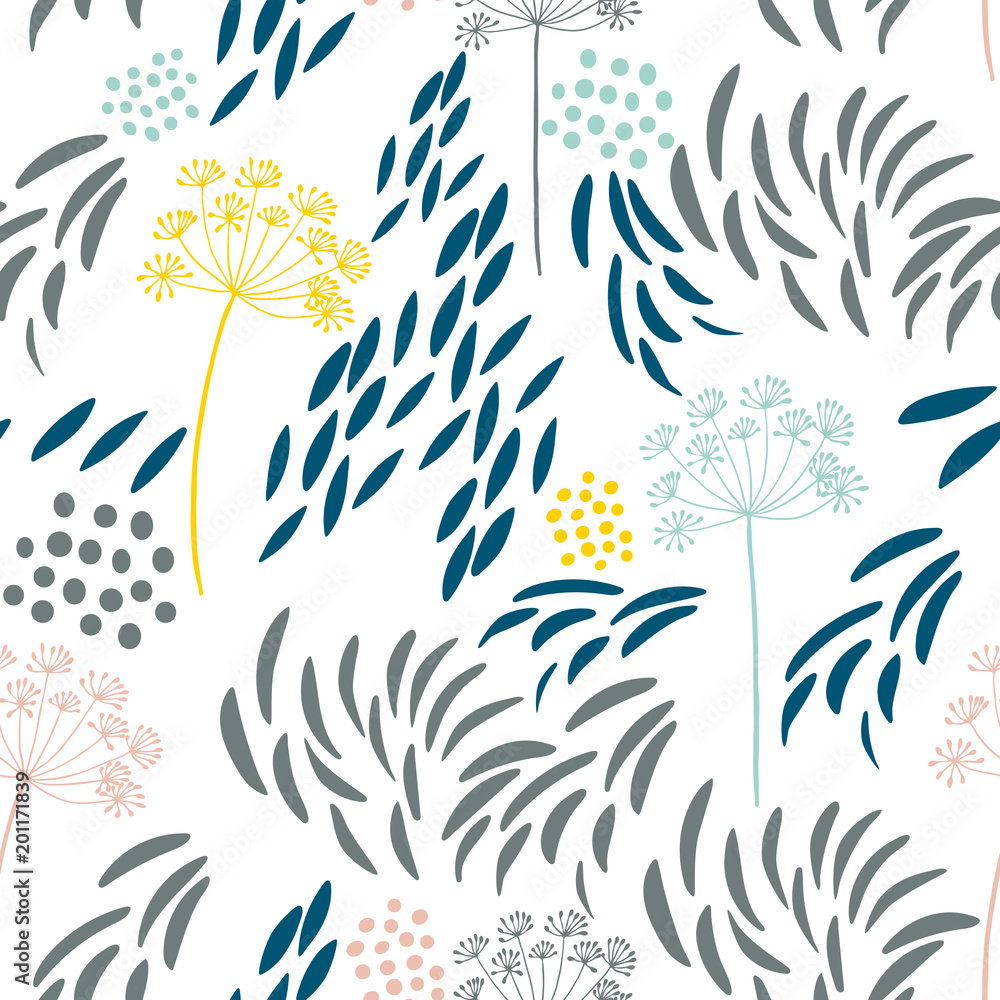 Vector organic floral seamless abstract background, botanical motif, freehand doodles pattern.