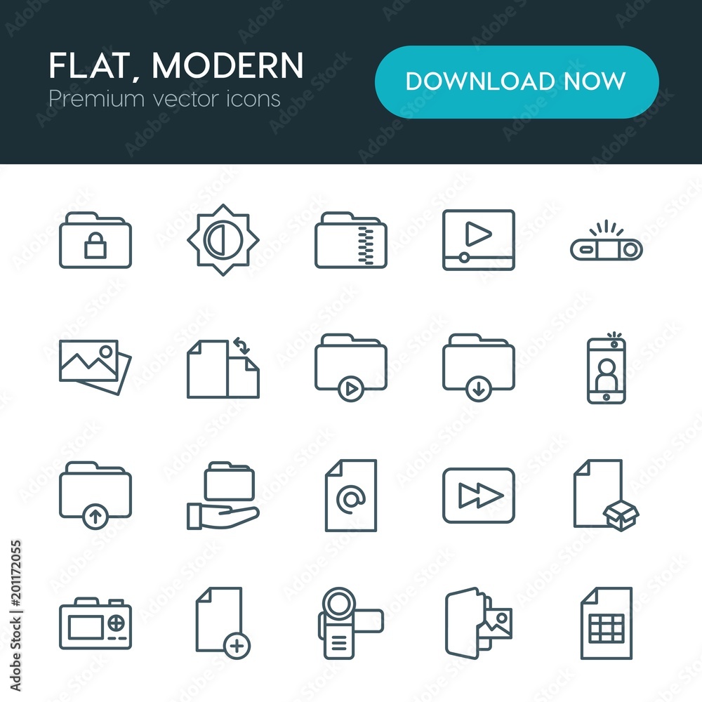 Modern Simple Set of folder, video, photos, files Vector outline Icons. ..Contains such Icons as file, fashion, bright, flash, dslr and more on white background. Fully Editable. Pixel Perfect Modern Simple Set of folder, video, photos, files Vector outline Icons. ..Contains such Icons as file, fashion, bright, flash, dslr and more on white background. Fully Editable. Pixel Perfect