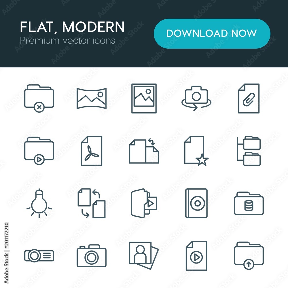 Modern Simple Set of folder, video, photos, files Vector outline Icons. ..Contains such Icons as compact, pocket, design, database, web and more on white background. Fully Editable. Pixel Perfect Modern Simple Set of folder, video, photos, files Vector outline Icons. ..Contains such Icons as compact, pocket, design, database, web and more on white background. Fully Editable. Pixel Perfect