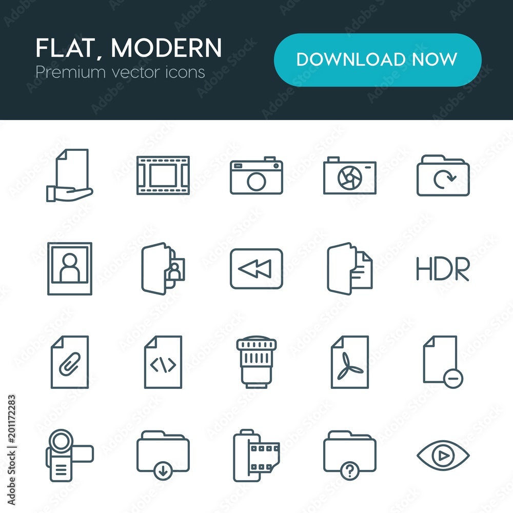 Obraz premium Modern Simple Set of folder, video, photos, files Vector outline Icons. ..Contains such Icons as lens, remove, digital, icon, caption and more on white background. Fully Editable. Pixel Perfect
